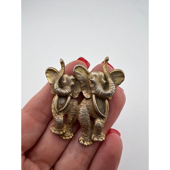 Vintage Women's jewelry Pair of Elephant Trunk Up Pewter Pin Brooch Collectible - Picture 3 of 9